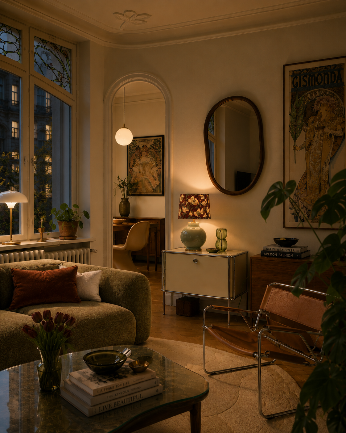 Gemütliches Wohnzimmer mit Sofa, Kissen, Couchtisch, Stehlampen, Wandspiegel, Pflanzen und Kunstposter, abends beleuchtet.