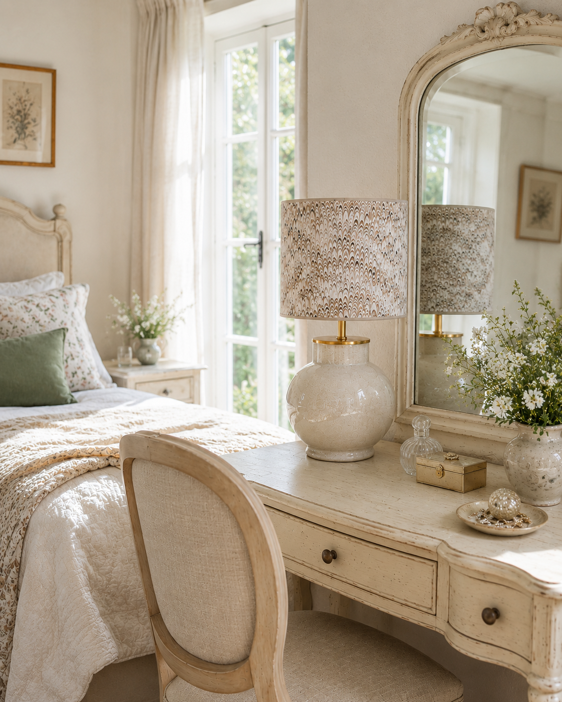 Ein gemütliches Schlafzimmer mit einem Himmelbett, einer Kommode mit einer Lampe, einer Vase mit Blumen und einem Spiegel. Natürliche Beleuchtung durch Fenster.