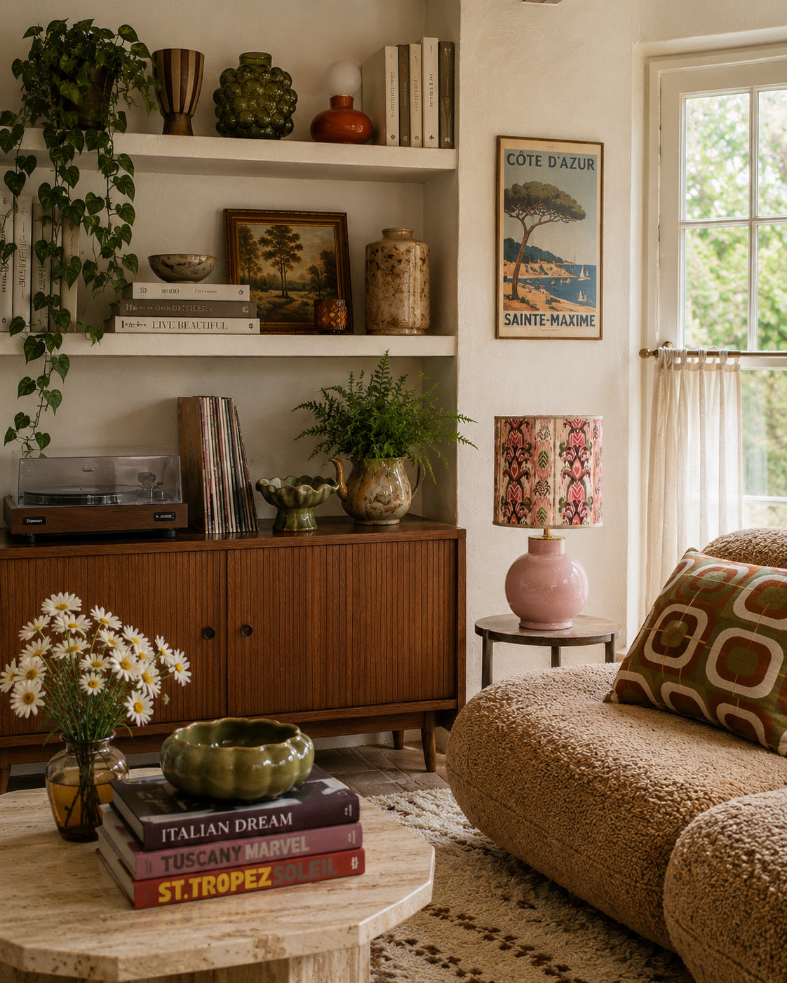 Ein Wohnzimmer mit einem Holztisch, einer Couch mit buntem Kissen, einem Regal mit Dekorationsgegenständen, Büchern, Vinyl-Schallplattenspieler und einer Lampe mit rosa Lampenschirm. Es gibt ein Fenster mit Blick auf grüne Bäume und eine dekorative W