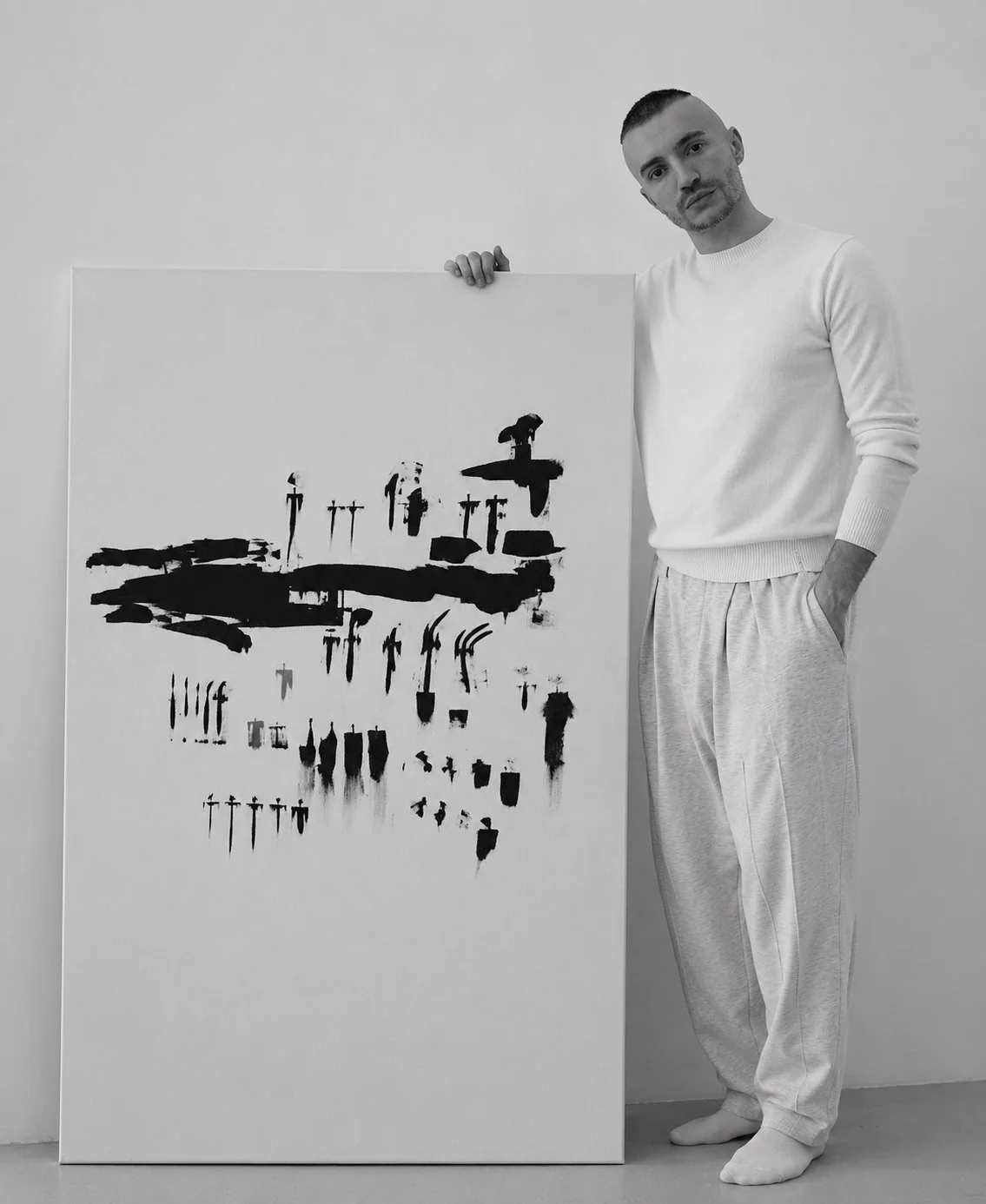 Man in white sweatshirt and sweatpants standing next to abstract black and white painting, holding the top edge with his right hand, with his left hand in his pocket, in a minimal room.