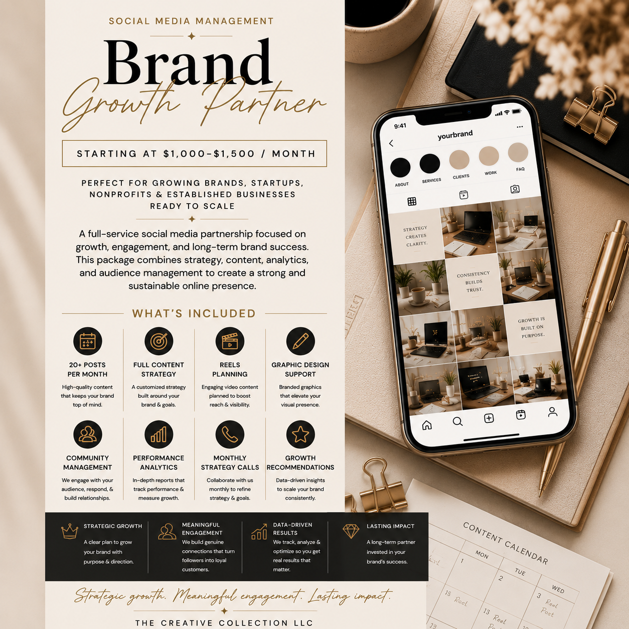 Advertisement for social media management brand growth partnership, offering packages starting at $1,000 to $1,500 per month, detailing included services such as content strategy, reels planning, graphic design, community management, analytics, and growth recommendations. The ad features a smartphone displaying an Instagram profile with posts of office decor and workspace, surrounded by notebooks, pens, and a cup of coffee.
