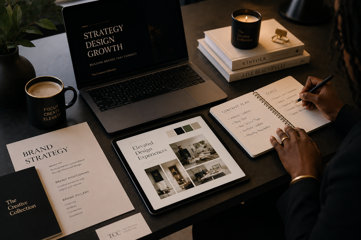 A workspace featuring a laptop displaying 'Strategy Design Growth,' a tablet with interior design images, a notebook with a content plan and goals, a black mug with the words 'Focus Create Elevate,' a stack of books including 'Kinfolk' and 'Live Beautifully,' a lit candle, and a person's hand taking notes.