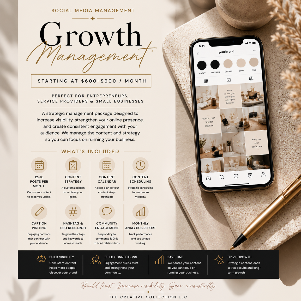 A marketing flyer for social media management services featuring pricing, services, and a phone with Instagram grid showing content related to branding and growth strategies.