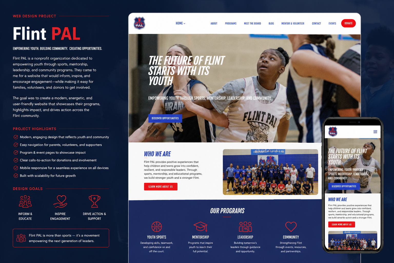 Screenshot of the Flint PAL website homepage featuring youth basketball players, navigation menu, and project information.