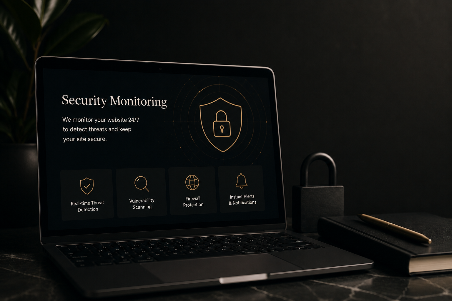 Laptop displaying a cybersecurity webpage with options for threat detection, vulnerability scanning, firewall protection, and alerts, on a black desk with a notebook, pen, and padlock in the background.