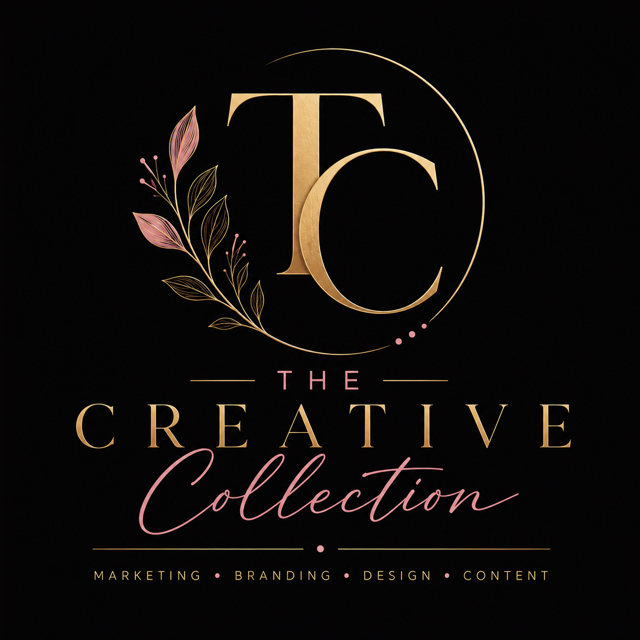 A logo with gold and pink text that reads 'The Creative Collection' against a black background, featuring a large 'TC' monogram with a decorative gold leaf and pink accents, and the words 'Marketing, Branding, Design, Content' below.