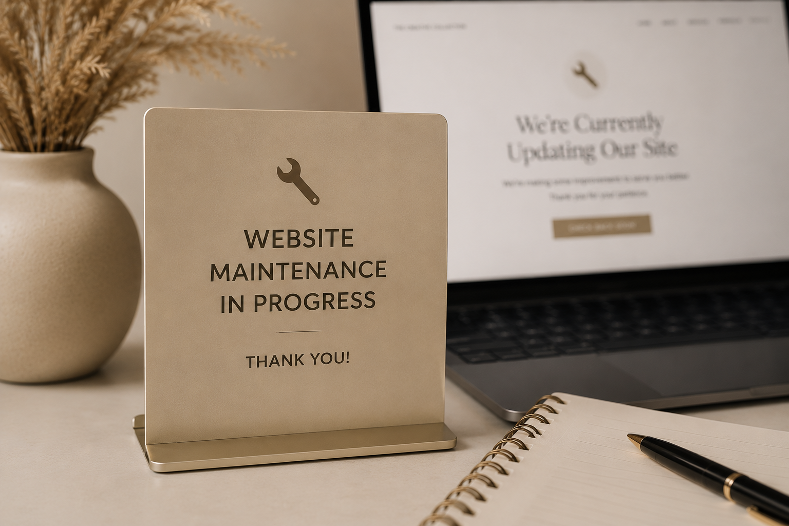 Sign that reads 'Website Maintenance in Progress' with a thank you note, beside a laptop showing a website with a 'We're Currently Updating Our Site' message, a notebook with a pen, and a beige vase with dried plants.