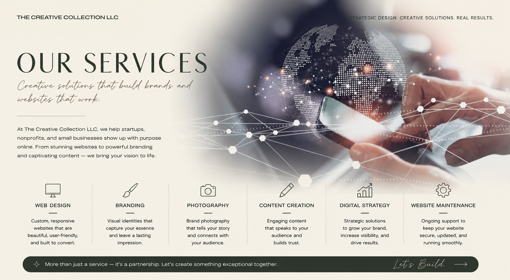 A webpage from The Creative Collection LLC showcasing their services: web design, branding, photography, content creation, digital strategy, and website maintenance. The page features a digital globe with network connections and a hand holding a smartphone, emphasizing technology and digital solutions.