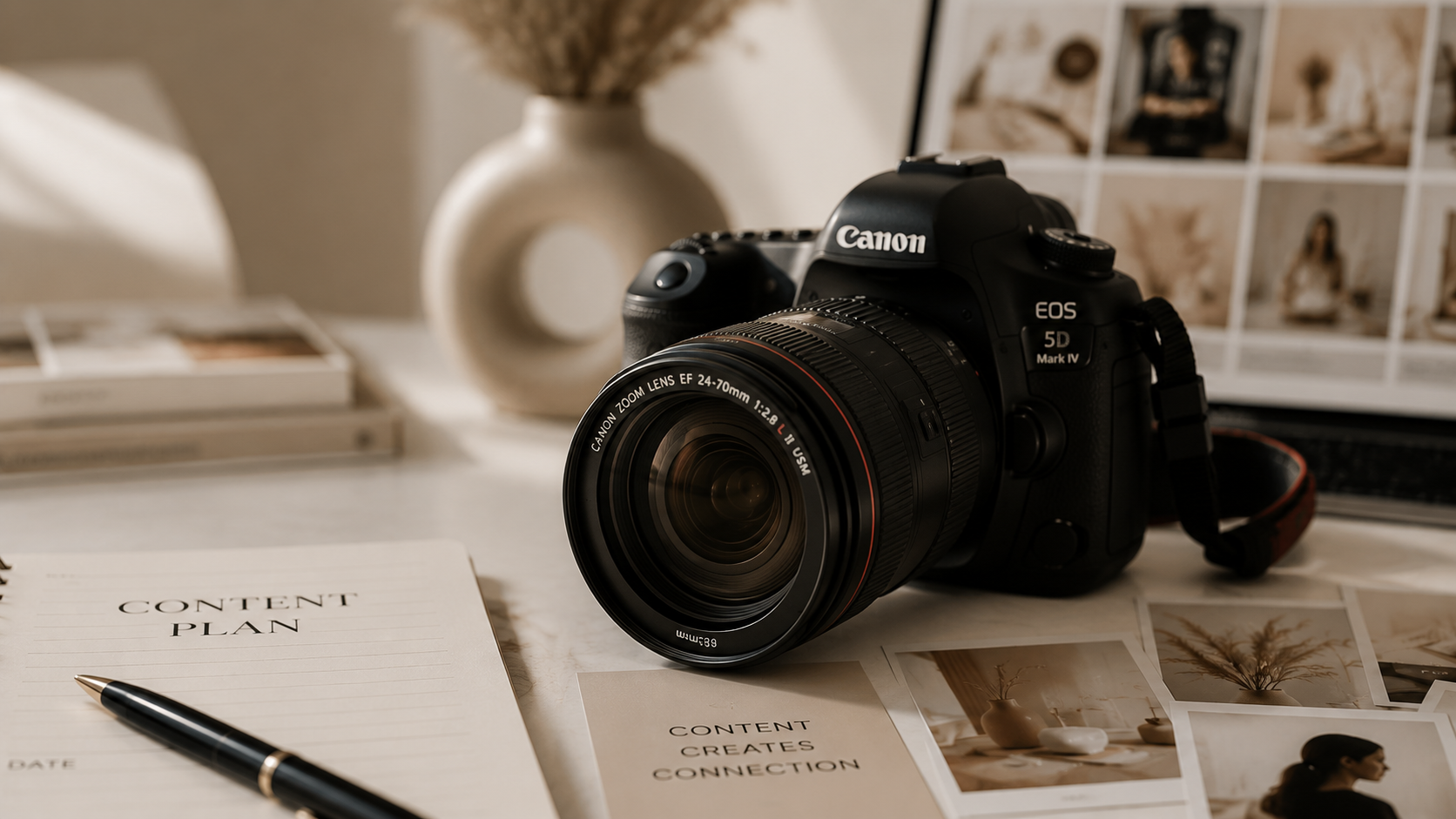 A DSLR camera placed on a desk next to a notebook titled 'Content Plan', with photography prints, a pen, and a vase with dried flowers in the background.