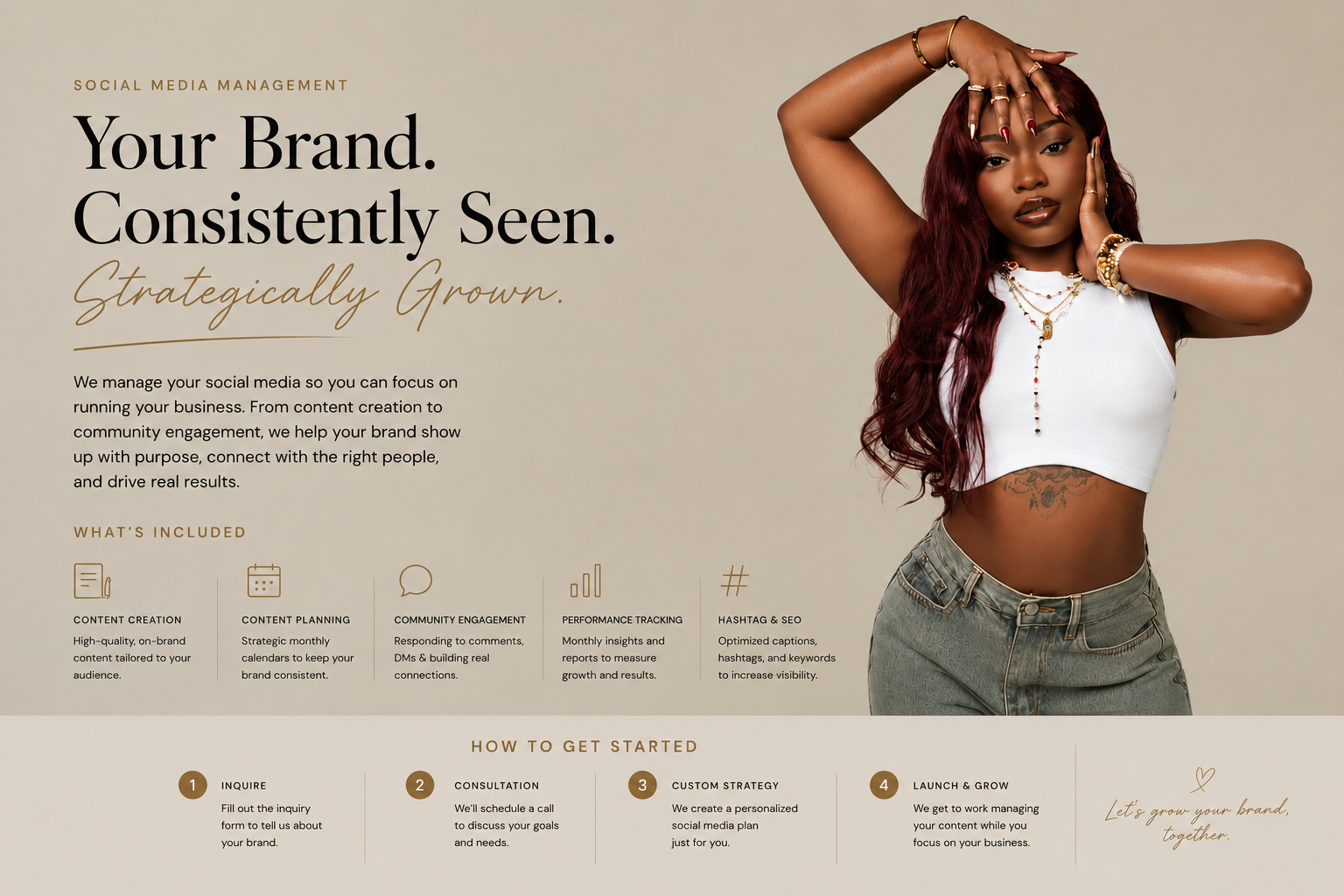 A promotional webpage for social media management services featuring a woman with long red hair, wearing a white crop top and jeans, with jewelry, posed with one hand on her face and the other on her head, alongside text describing the services offered.