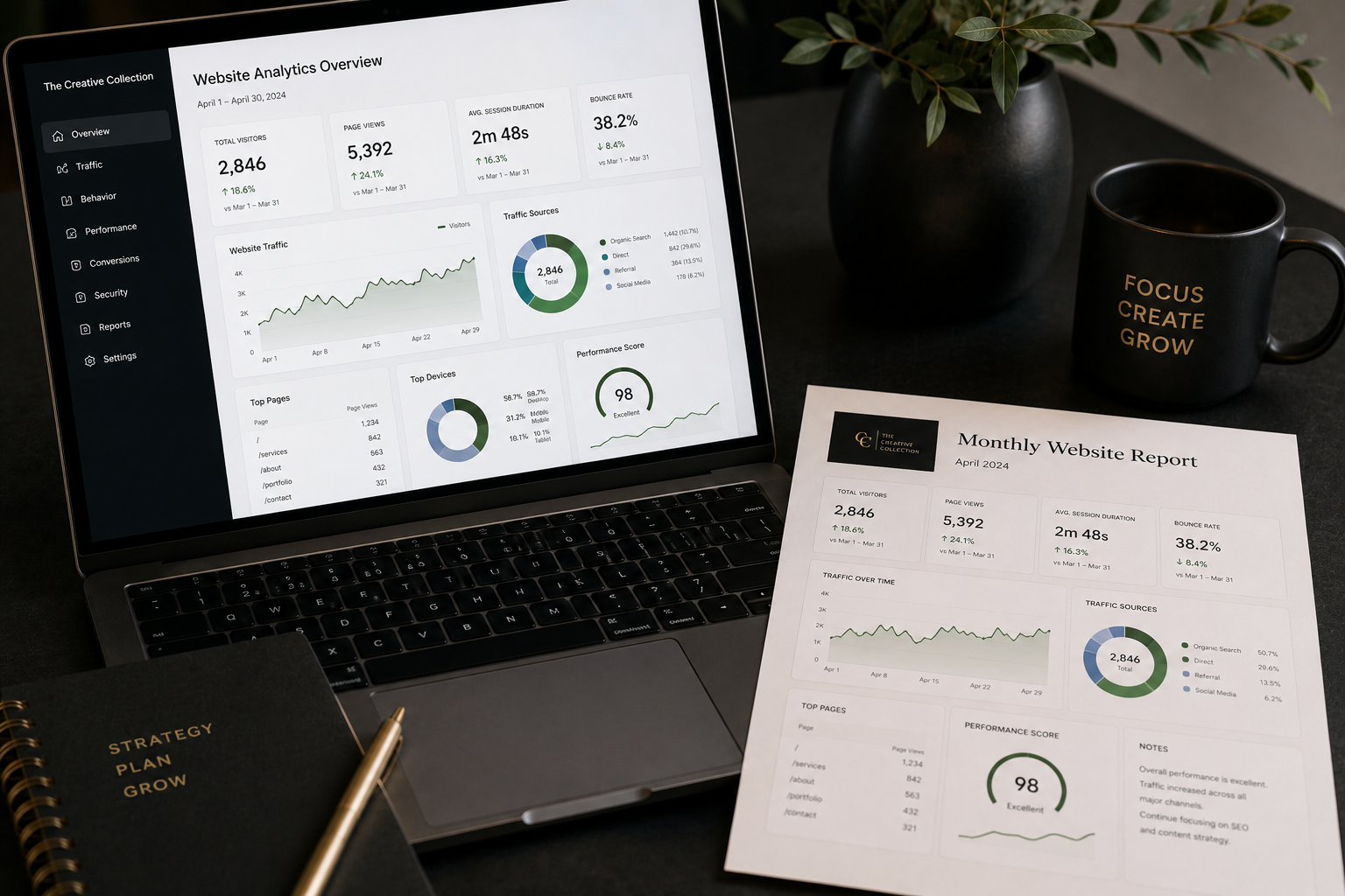 Laptop displaying website analytics dashboard, monthly website report on paper, black mug with gold text 'FOCUS CREATE GROW', black plant pot, black notebook with gold pen, on a black desk.
