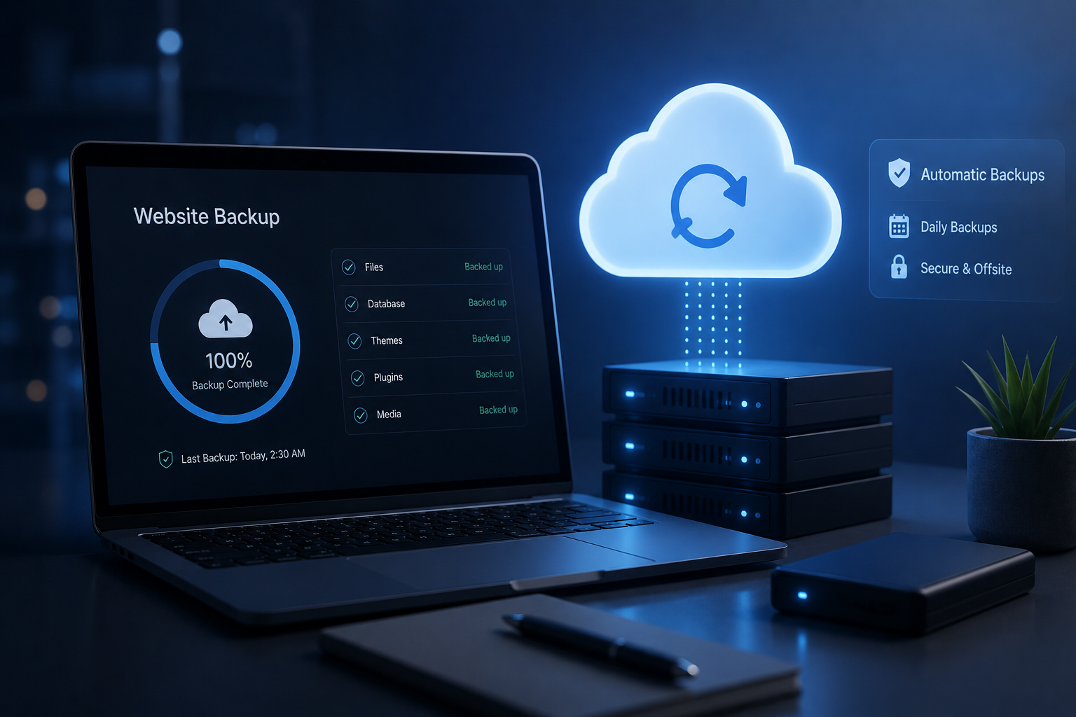Laptop on desk showing website backup progress at 100% with a cloud icon and backup details, next to a cloud storage illustration and server stacks, bright blue accent lighting, and a small potted plant.