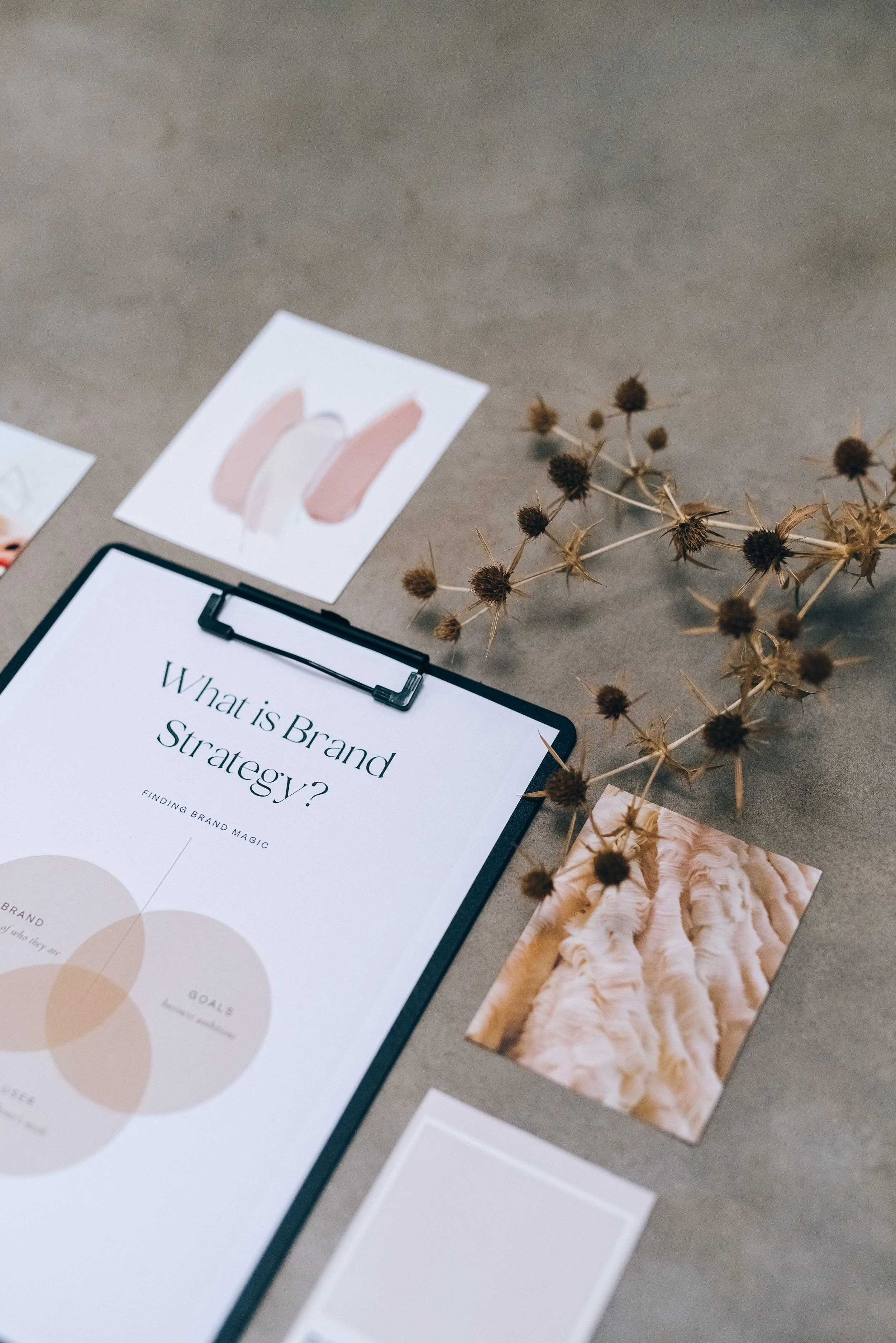 A table with printed materials, including a checklist titled 'What is Brand Strategy?' and several photographs. The scene features dried flowers and a neutral-colored surface.