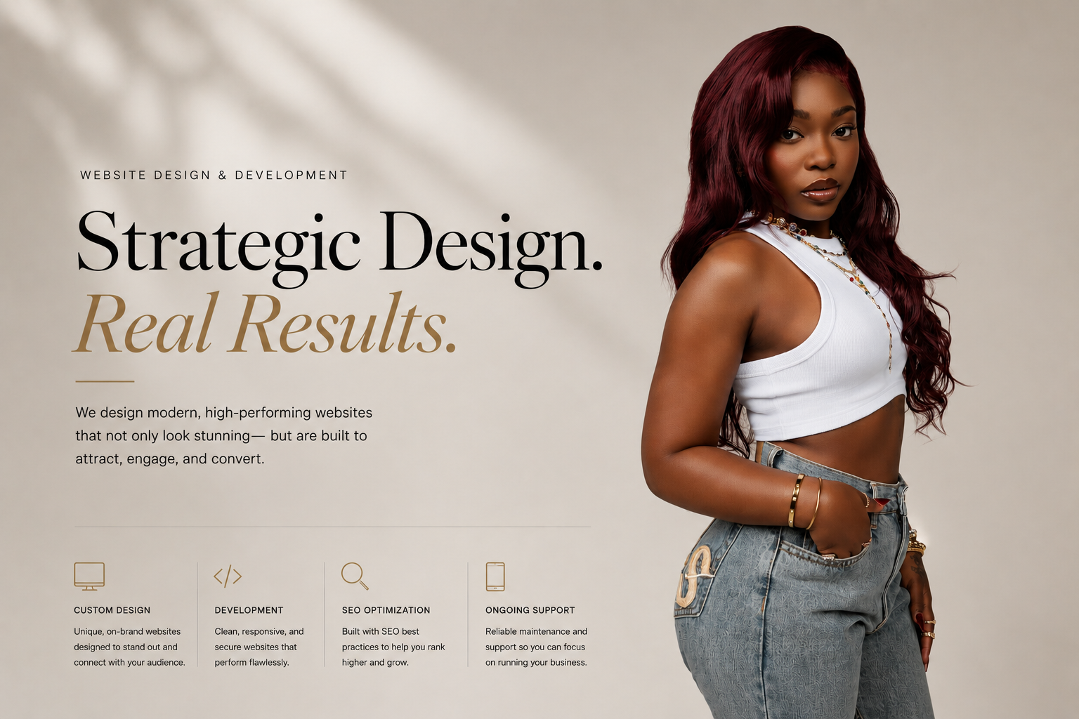 A woman with burgundy hair wearing a white crop top and jeans standing with her hand in her pocket, next to text about website design and development services.
