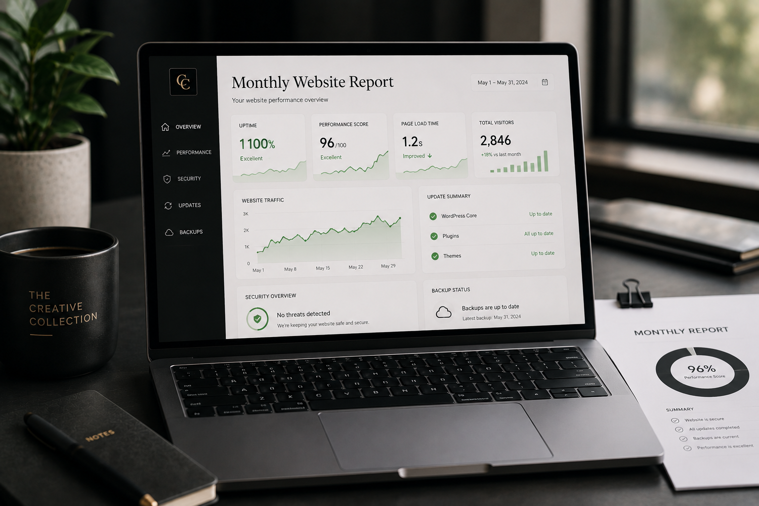 Laptop screen displaying a monthly website report with performance metrics, traffic graph, and update status.
