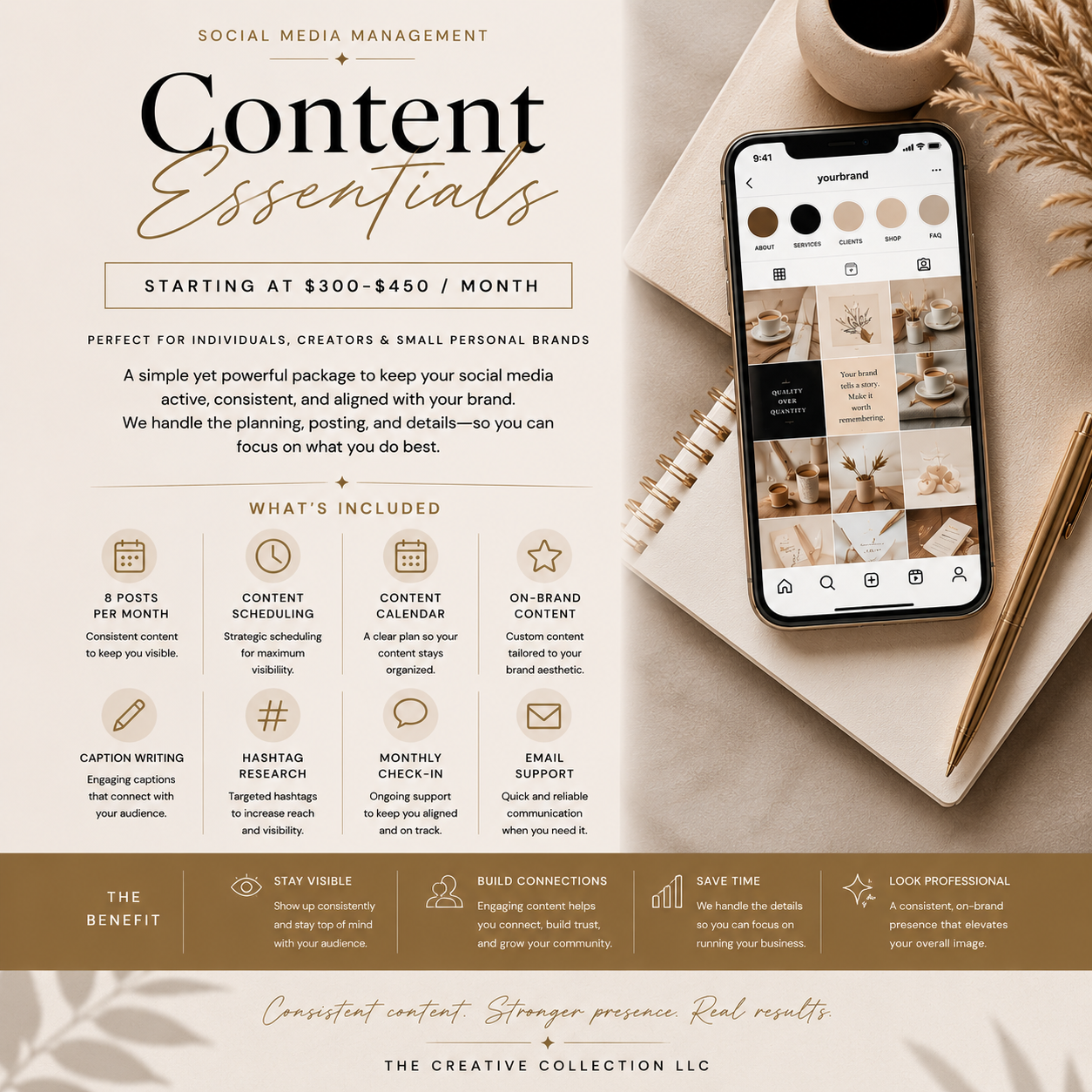 A promotional infographic for social media management content essentials, featuring a list of services included in the package, and a smartphone displaying an Instagram profile with styled photos of coffee, plants, and stationery. The background includes a notepad, a gold pen, a cup, and dried plants.