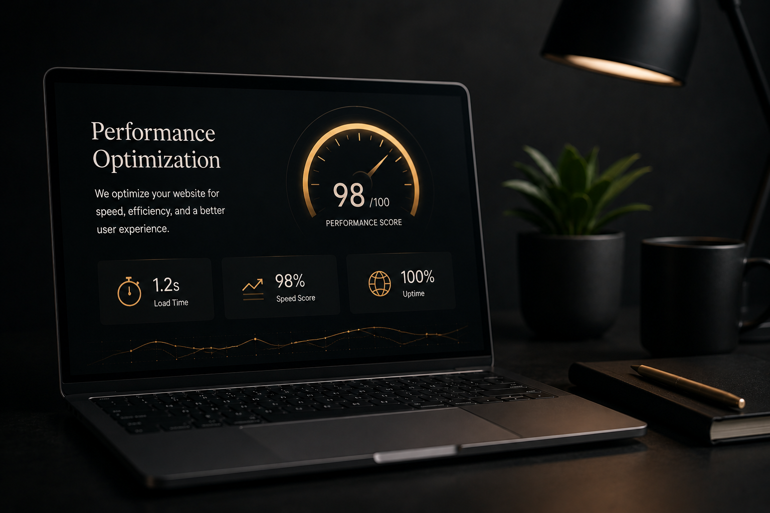 Laptop screen displaying a performance optimization dashboard with a performance score of 98 out of 100, load time of 1.2 seconds, speed score of 98%, and uptime of 100%. The setup includes a desk lamp, a potted plant, a notebook, and a pen.