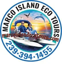 Logo for Marco Island Eco Tours featuring a man with sunglasses on a boat, dolphins jumping in the background, and a large fish in the foreground. The logo includes contact information and website URL.