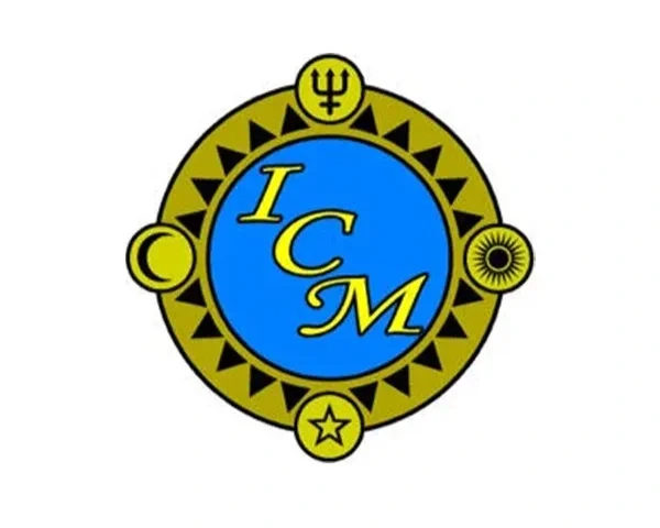 A circular emblem with a blue center containing the yellow letters I, C, and M. The outer ring is yellow with black geometric patterns and four symbols at the top, right, bottom, and left: a trident, a sun-like symbol, a star within a circle, and a crescent moon.