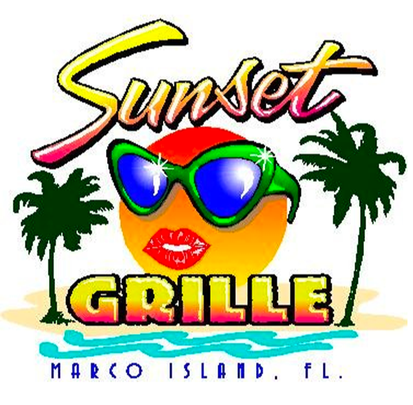 Logo for Sunset Grille featuring a sun wearing sunglasses with a sunset and palm trees, and the text Marco Island, FL.