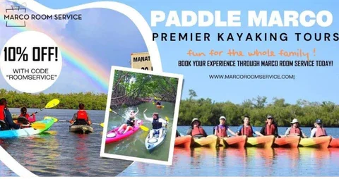Advertisement for Paddle Marco offering premier kayaking tours, featuring photos of people kayaking on the water, with a 10% discount code, and the website www.marcoroomservice.com.