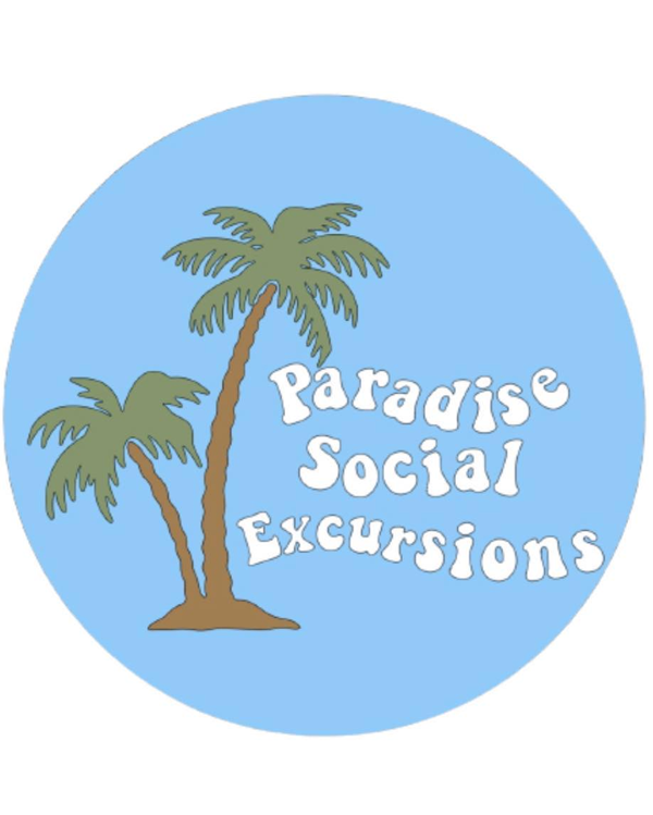 Logo with two palm trees and the text 'Paradise Social Excursions' on a light blue circular background.