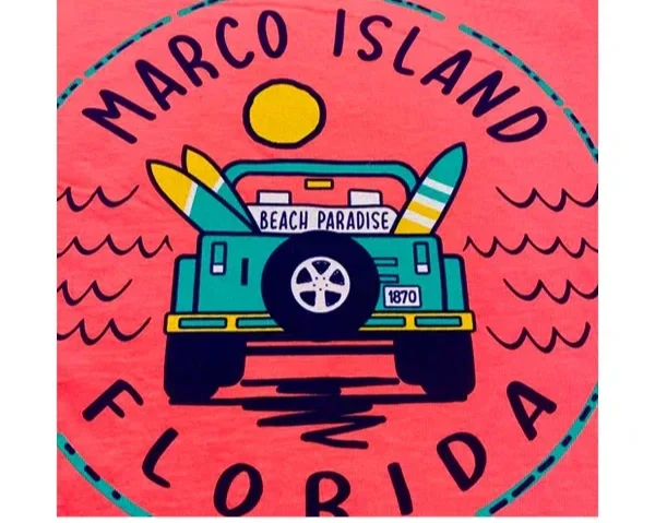 Decorative graphic featuring a blue vintage vehicle with surfboards and a trunk that says 'Beach Paradise,' set against a pink background with the words 'Marco Island Florida,' a yellow sun, and wavy lines representing water.