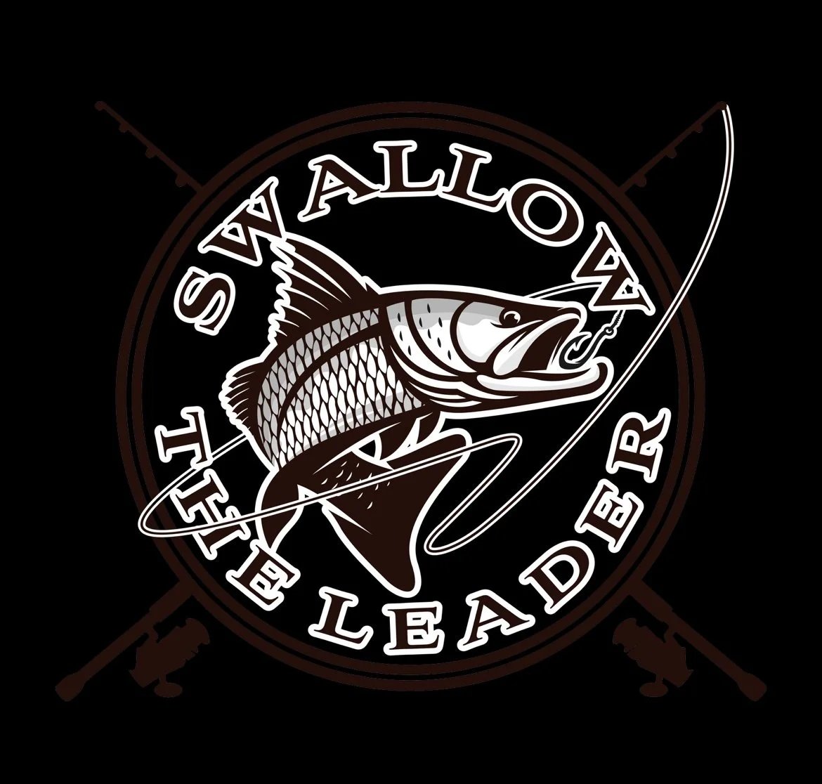 A logo for Saltwater Tackle Leader featuring a fish with a fishing hook in its mouth and the background with fishing rods.