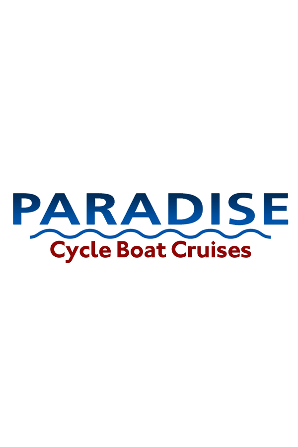 Logo for Paradise Cycle Boat Cruises with the word 'PARADISE' in blue letters and a wave line underneath, and 'Cycle Boat Cruises' in red below.