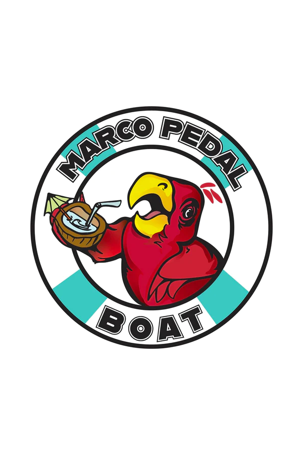 Logo for Marco Pedal Boat featuring a red parrot holding a coconut drink with a straw and umbrella