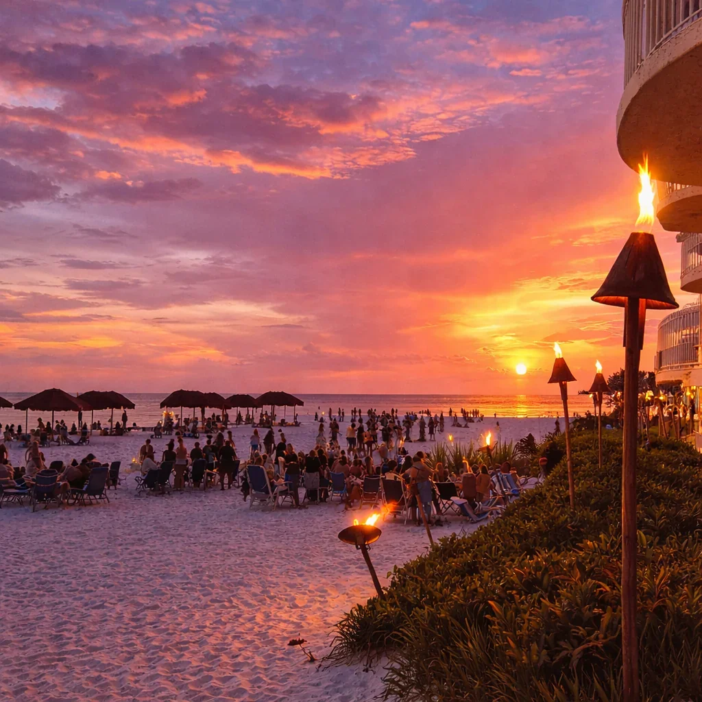 Sunset at a beach with people enjoying the view, sitting on chairs and under umbrellas, with tiki torches lit along the sandy shore.