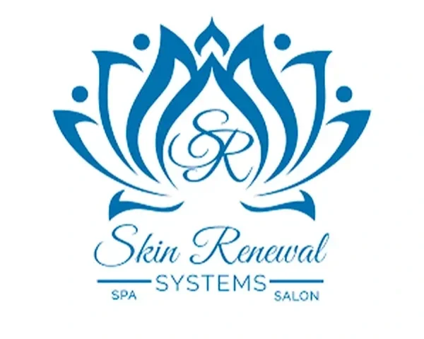 Logo for Skin Renewal Systems featuring a blue lotus flower design with the initials S R at the center, and the words Skin Renewal Systems SPA and Salon below.