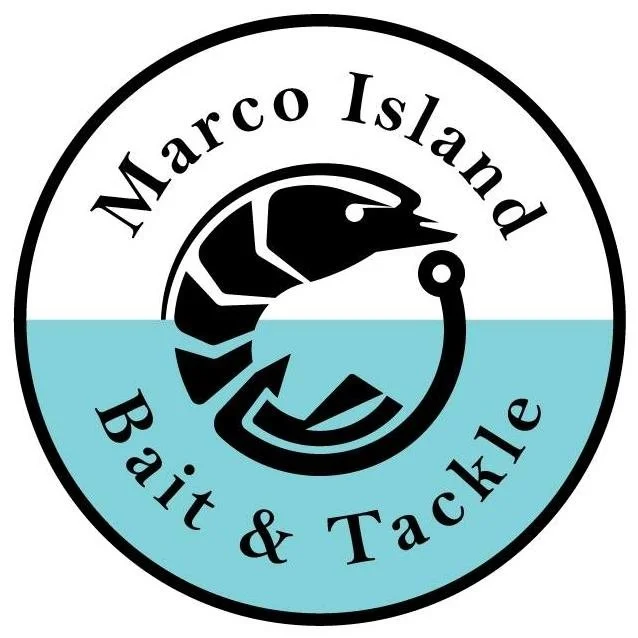 Logo of Marco Island Bait & Tackle featuring a shrimp illustration in black and white on a divided background with blue water below and white above. Contains the text 'Marco Island Bait & Tackle' around the shrimp.