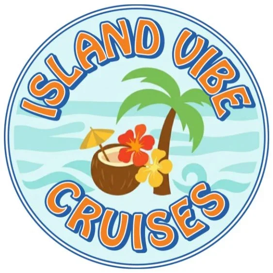 Logo of Island Vibe Cruises featuring a palm tree, a coconut drink with a small yellow umbrella, and tropical flowers, all encircled by the text "Island Vibe Cruises".