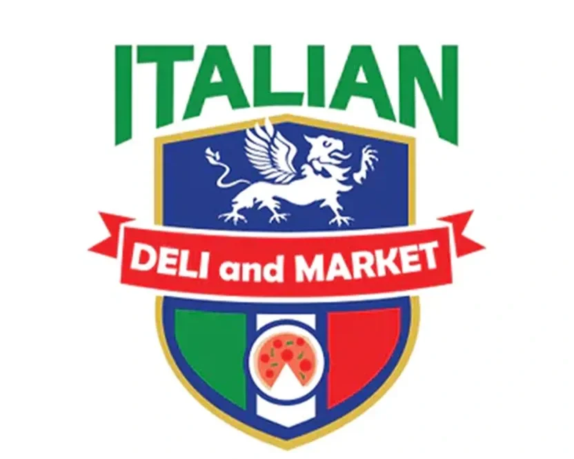 A logo for Italian Deli and Market featuring a blue shield with a white lion, a red banner with white text, and a pizza icon at the bottom.