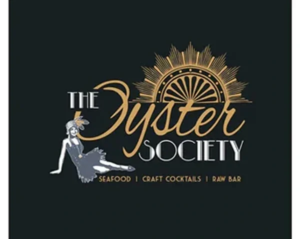 Logo for The Oyster Society featuring a stylized woman in vintage attire and a sunburst design, with text indicating seafood, craft cocktails, and a raw bar.