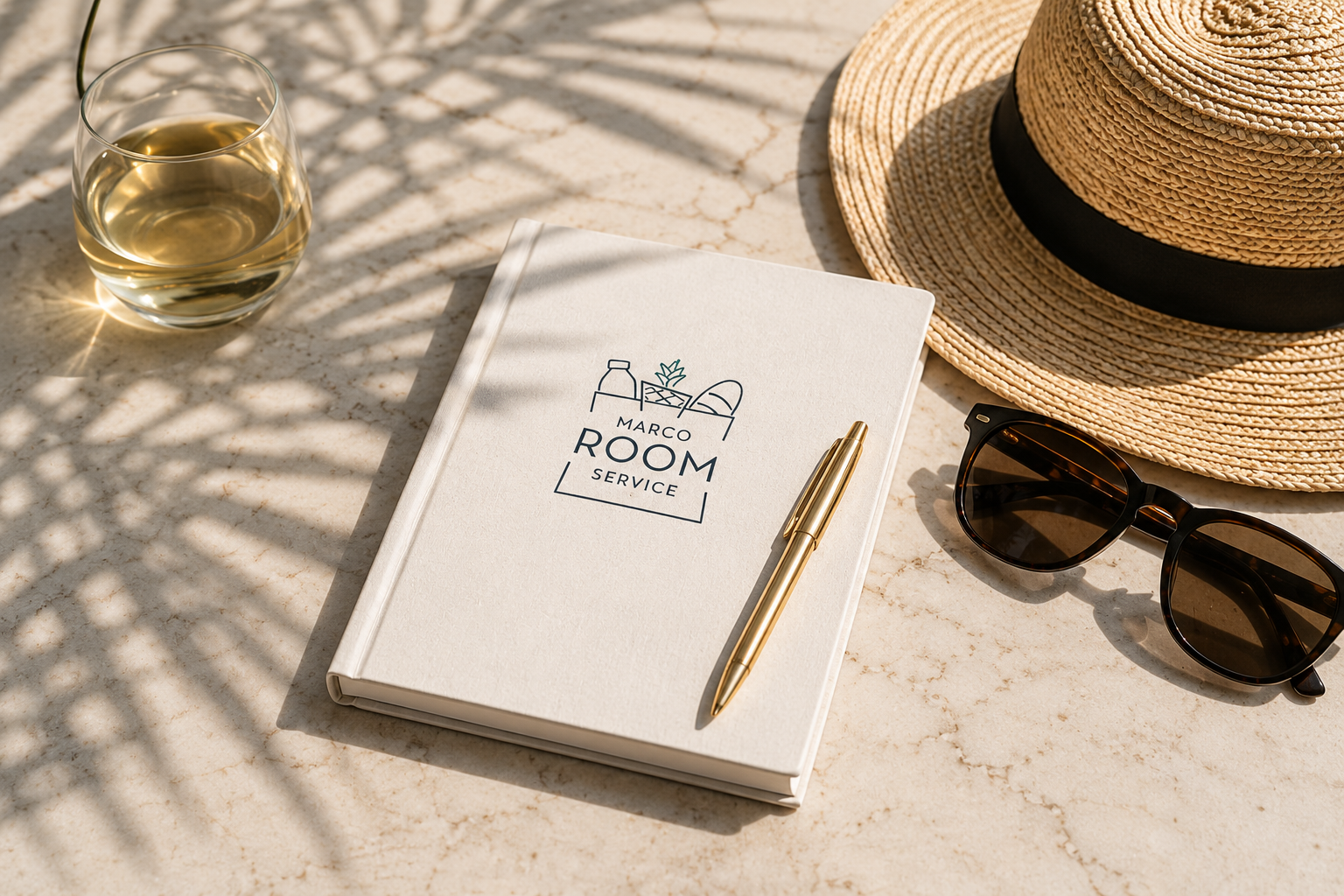 A book titled 'Marco Room Service' with a gold pen on top, next to sunglasses and a straw hat, on a marble surface with shadows from nearby foliage, and a glass of white wine.