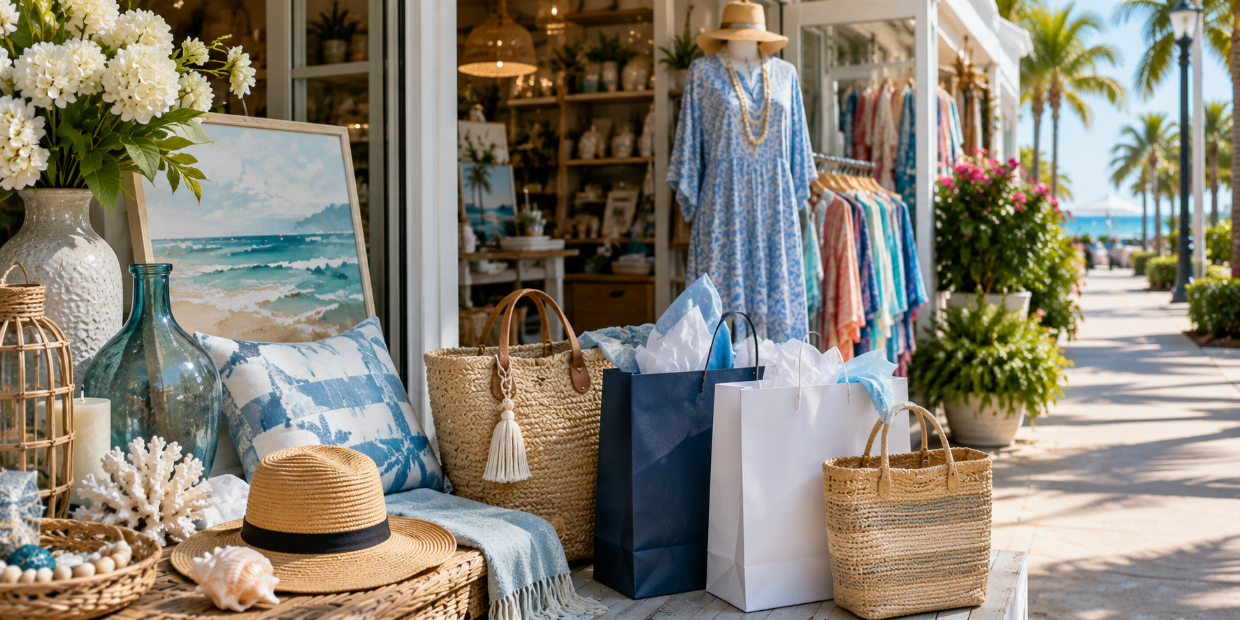 Beach-themed boutique shop with home decor, clothing, and accessories displayed outside, featuring palm trees, ocean painting, straw hats, baskets, shopping bags, and summer dresses.