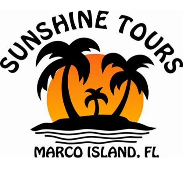 Logo with black palm trees, an orange sun, and black waves, with the text "Sunshine Tours" above and "Marco Island, FL" below.