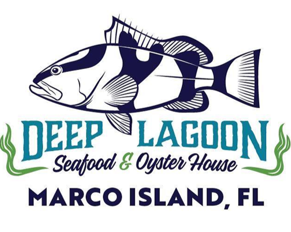 Logo for Deep Lagoon Seafood & Oyster House in Marco Island, Florida, featuring a stylized fish and green seaweed.