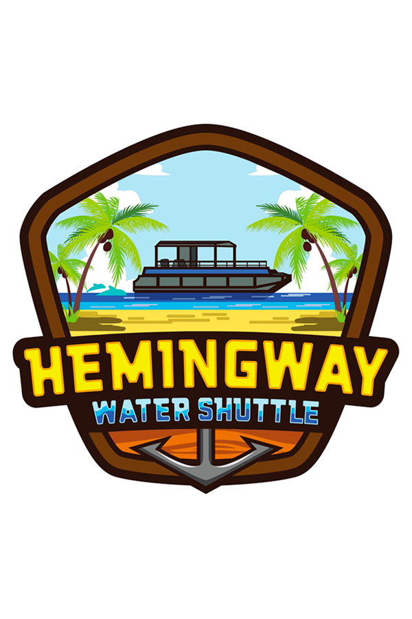 A logo for Hemingway Water Shuttle featuring a boat on water, palm trees, and an anchor, with the text 'Hemingway Water Shuttle' in bold yellow and blue letters.