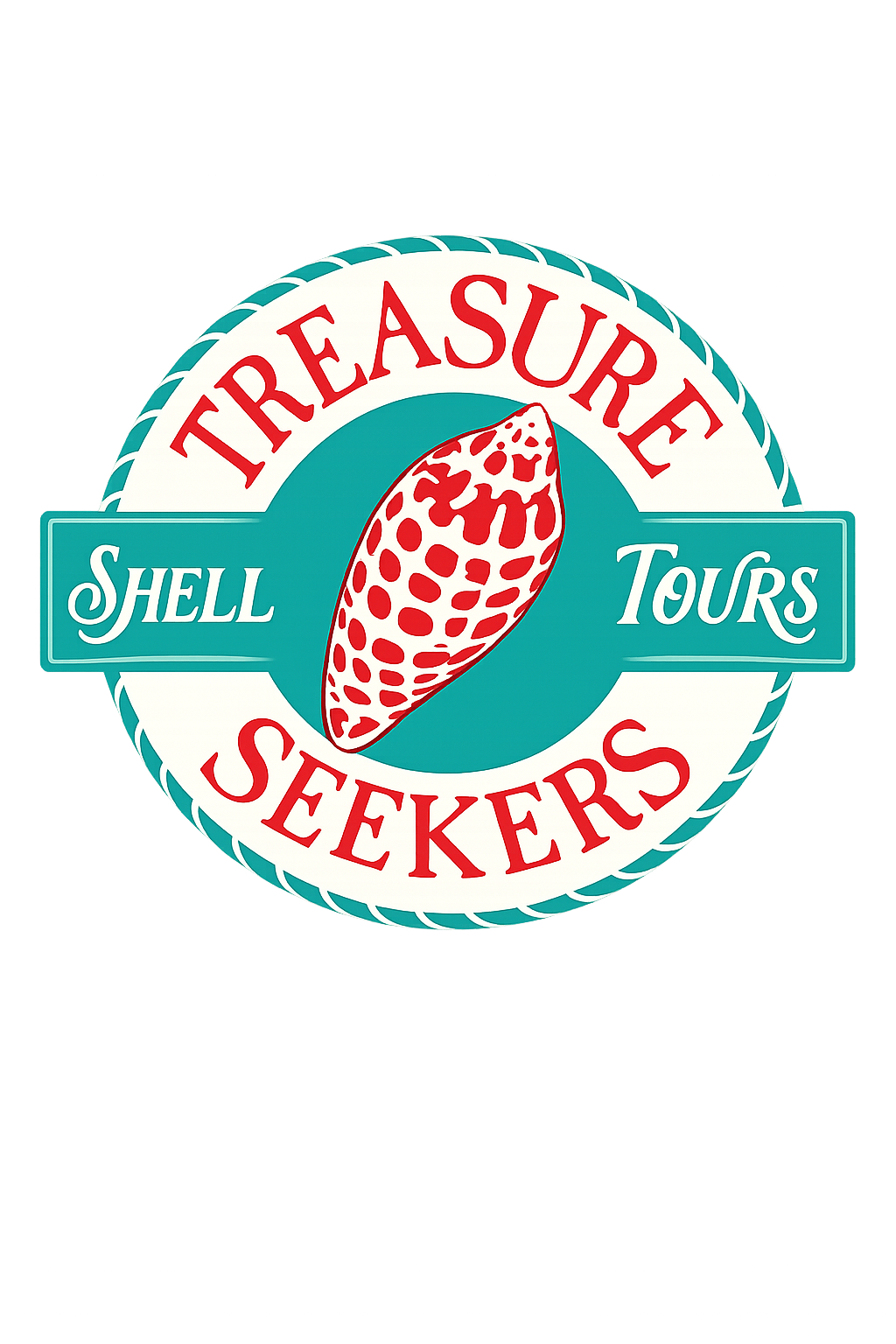 A circular logo for Treasure Seekers Shell Tours featuring a red and white seashell in the center, with 'Treasure Seekers' written in red at the top, and 'Shell Tours' in white on teal banners on each side.