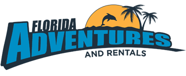 Florida Adventures and Rentals logo with a sunset, palm trees, and the company name in bold blue and black text