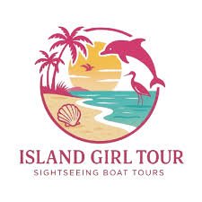 Logo for Island Girl Tour featuring palm trees, a dolphin, a flamingo, a beach, and a sunset with the text Island Girl Tour and Sightseeing Boat Tours.
