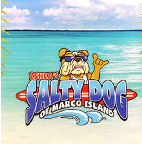 Logo for Zshea's Salty Dog of Marco Island featuring a cartoon dog in sunglasses and a sailor hat, with a seaside background.