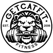 Logo for Get Catfit Fitness, featuring a lion's face holding a barbell in its mouth, with text indicating establishment in 2008.