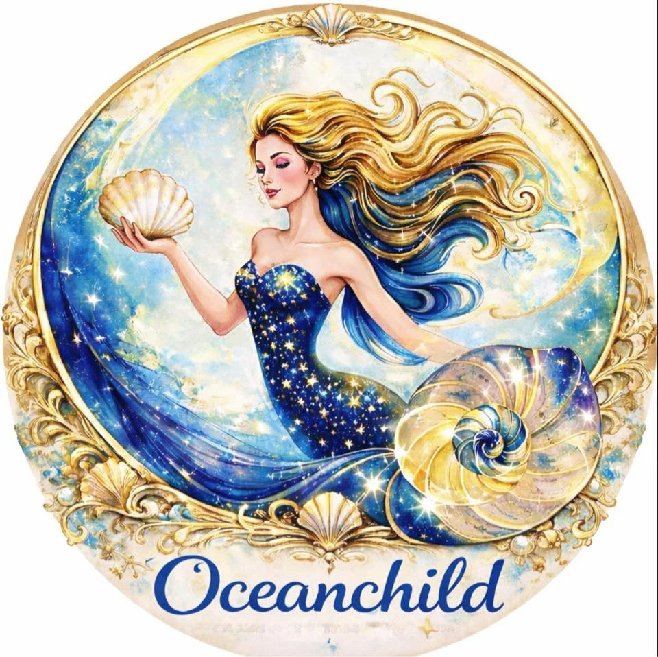 Illustration of a mermaid with long flowing hair holding a seashell, surrounded by ocean-themed elements, with the word 'Oceanchild' at the bottom.