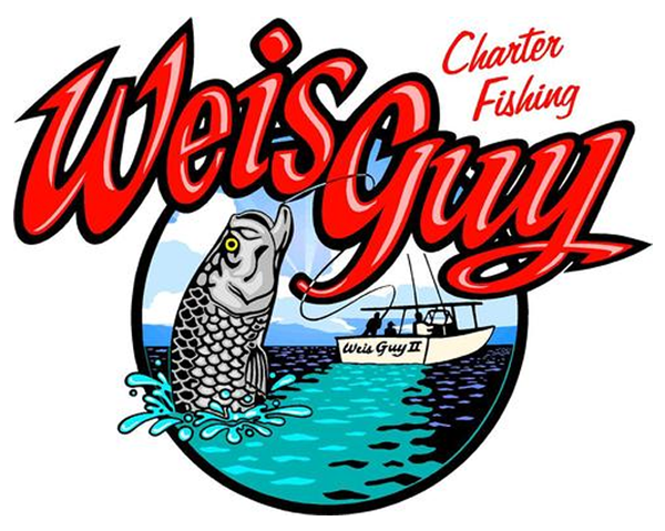 Logo for Weis Guy Charter Fishing featuring a fish jumping out of water and a boat on the ocean.