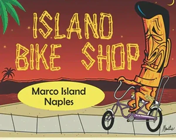 Sign for Island Bike Shop with tiki torch character riding a bicycle, located in Marco Island, Naples.
