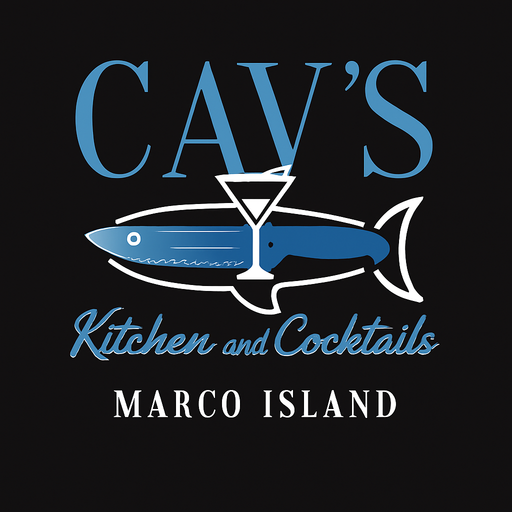 Sign for Cav's Kitchen and Cocktails in Marco Island featuring a fish and a martini glass with a small fish inside.